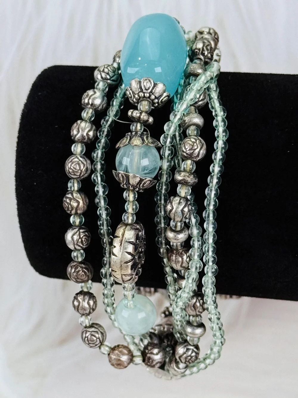 Bohemian Chic Multi-Strand Mint Bead and Silvertone Toggle Bracelet